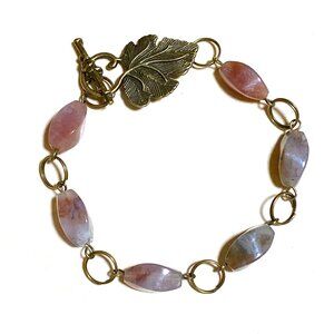 2/20, Natural Mauve Agate Bracelet, Genuine Gemstone + Bronze Grape Leaf